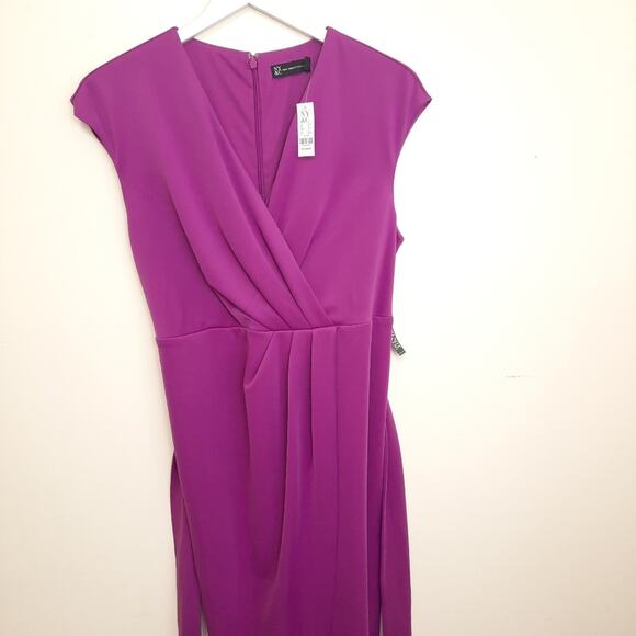 NWT New York & Co Faux Wrap Dress Purple XXL 2XL Tie Waist Belted Sheath V Neck - Picture 4 of 11